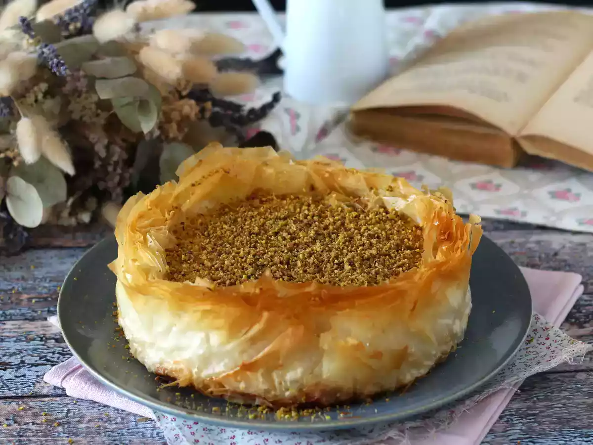 Sernik w stylu baklavy z pistacjami, chrupiący i rozpływający się w ustach