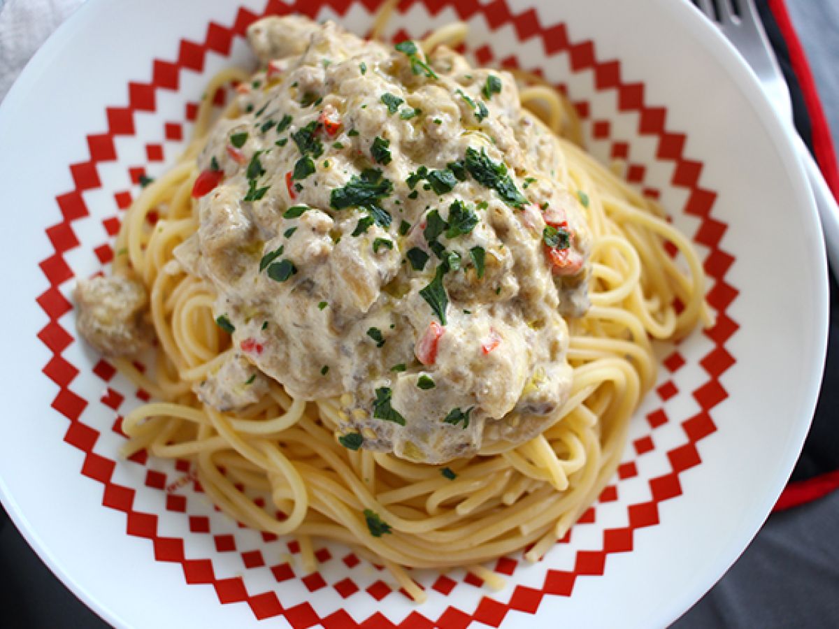 Spaghetti z carbonarą z bakłażana