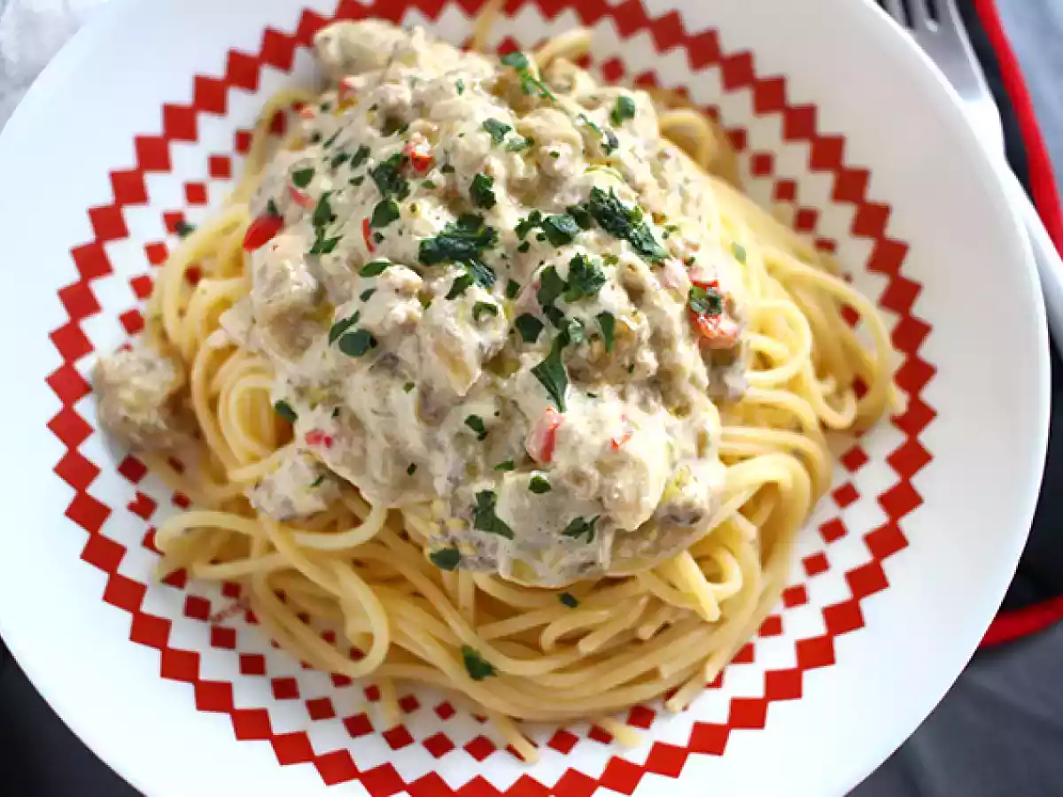 Spaghetti z carbonarą z bakłażana